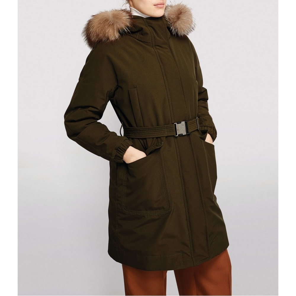 EUC MONCLER Cameline Giubotto Parka Coat Fox Fur Hood Trim 2 M Dark Khaki Green